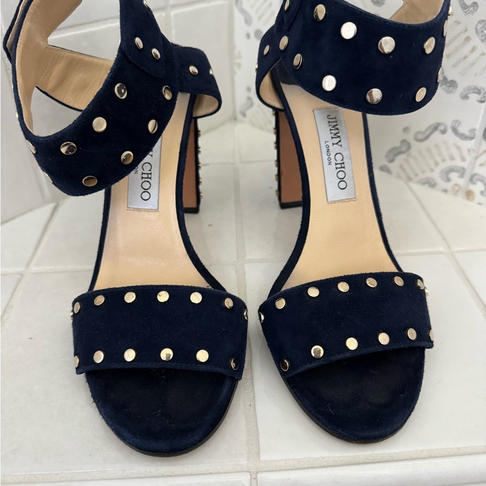 Jimmy Choo Navy Suede Gold Studded Women's Sandals